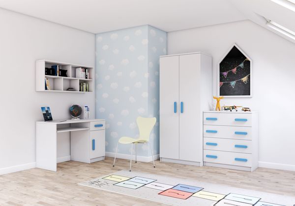 Jugendzimmer Elora 4 teilig in Weiß – mit Schreibtisch, Kommode, Wandregal und Schrank – in 8 verschiedenen Grifffarben wählbar - 4 teilig , Blau
