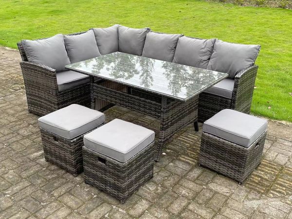 Fimous Hoher Rücken Dunkelgrau gemischt Rattan Ecksofa Set Gartenmöbel Rechteckiger Esstisch 3 Kleine Hockern 9 Sitzer