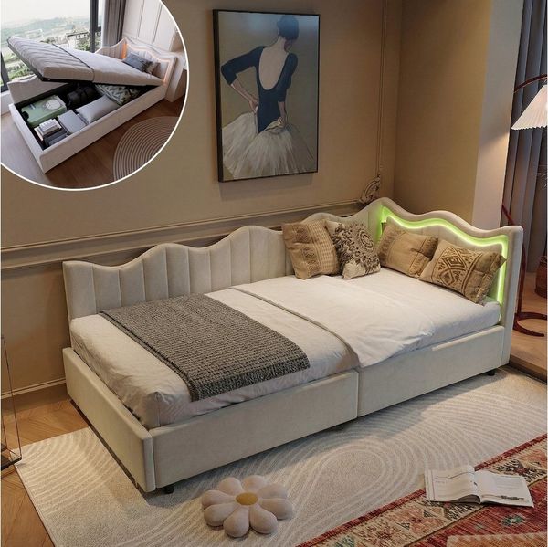 Furnishings Home Polsterbett Daybett Jugendbett Einzelbett (Hydraulisch hebbarer Stauraum, Geeignet für Jungen und Mädchen), Mit LED-Beleuchtung, Samt, 90x200 cm