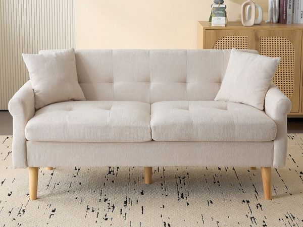 KLAM HOME Sofa Modernes Design Polstersofa mit dicken Kissen Holzbeinen und Armlehne, 2-Sitzer Chenille-Stoff Doppelsofa mit Relaxfunktion, geeignet für Wohnzimmer, Schlafzimmer, Wohnung