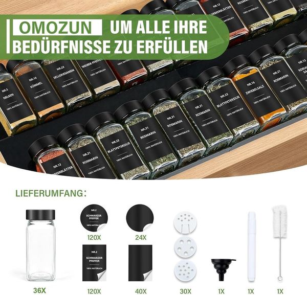 BBWL Pfefferstreuer Gewürzgläser Set eckig 120 ml mit Zubehör, 12er, 24er oder 36er Set, (36-tlg), luftdichte Gewürzdosen aus Glas mit Etiketten für Schubladen&Organizer