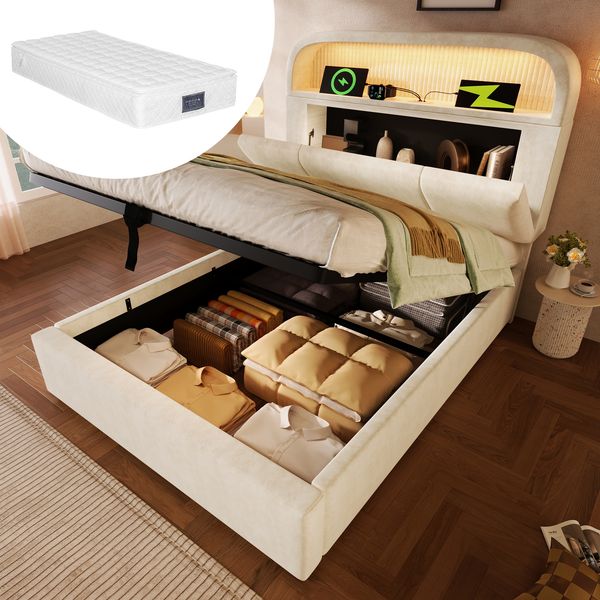 Polsterbett 90×200 cm aus Samt-Stoff mit Matratze und USB-Typ-C-Ladestation, beige
