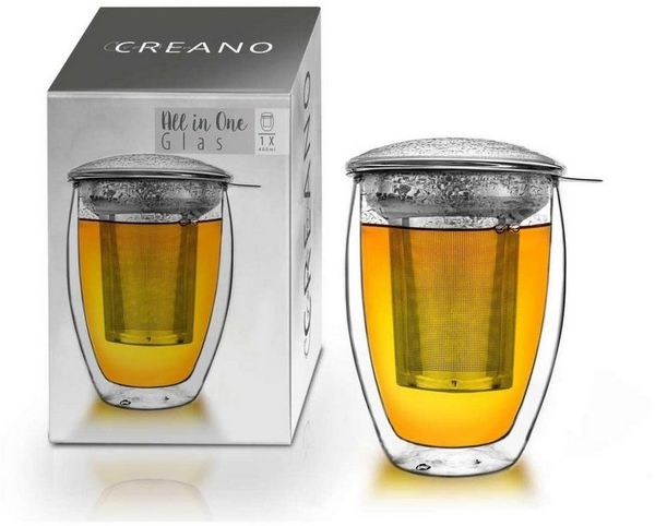 Creano Teeglas Creano doppelwandiges Teeglas mit Edelstahlfilter und Glasdeckel -, Borosilikatglas, 3-teilig