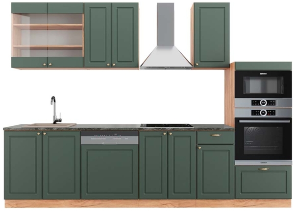 Küchenzeile Fame-Line Grün-Gold Landhaus/Goldkraft Eiche 300 cm mit Hochschrank, AP Anthrazit Vicco