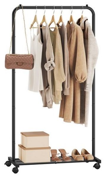 SONGMICS Kleiderständer, Kleiderstange auf Rollen, Garderobenständer 74 cm breit, Rollgarderobe mit Gitterablage, bis 35 kg belastbar, 2 Rollen arretierbar, Stahlrahmen, schwarz