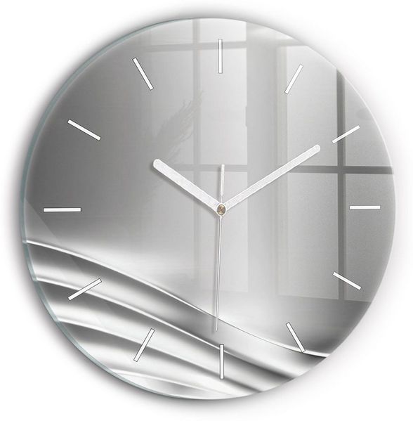 Tulup Wanduhr Runde Glasuhr Silberne Abstraktion Moderne Uhr aus Gehärtetem Glas