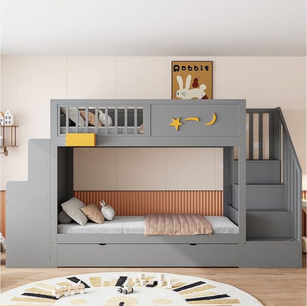 Odikalo Etagenbett 90x200 Kinderbett mit Schreibtisch Stauraum & Tafel (mit Aufbewahrungsschubladen, Sicherheitstreppe, Schreibtisch und Sternenmotiv – 90x200 cm Massivholzrahmen aus Kiefernholz)