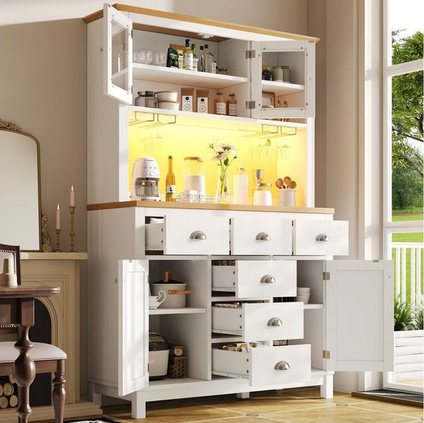 Odikalo Küchenbuffet Küchenschrank Buffetschrank mit LED-Lichtleiste & Getränkehaltern (Seitenboard / Aufbewahrungsschrank / Küchenschrank / Buffetschrank, 104x40x180cm, Landhausstil, 4 Türen, Grün/Weiß)