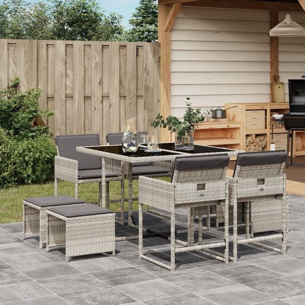 vidaXL 9-tlg. Garten-Essgruppe mit Kissen Hellgrau Poly Rattan 3278086