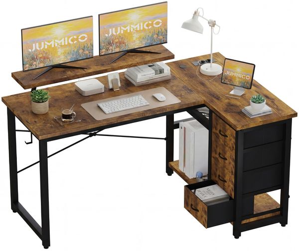 JUMMICO Schreibtisch L Form mit 4 Stoff Schubladen, Umkehrbarer Eckschreibtisch mit 2 Steckdosen& 2 USB-Anschlüssen, Computertisch L Form für Homeoffice Gaming, Braun, 140X80cm