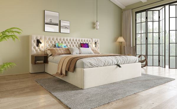 Schlafzimmer-Komplettset, Samt, mit Leselampen & Hydraulik-Stauraum, 160x200 cm, Beige, ohne Matratze