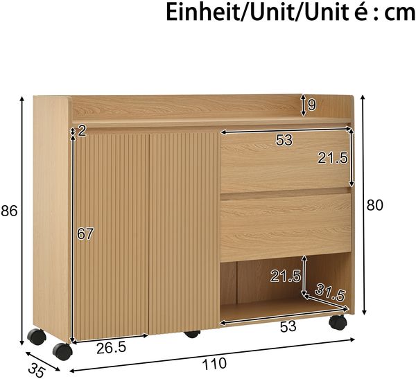 Schuhschrank auf Rollen 110 x 35 x 86 cm aus MDF in Natur, mit Schubladen & verstellbaren Fächern Bild 3