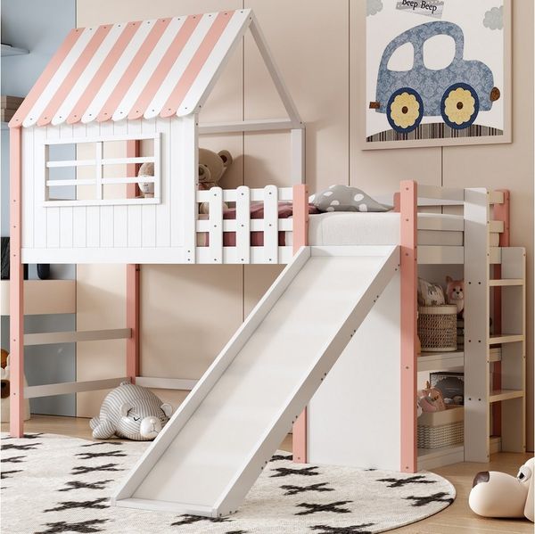 Merax Etagenbett (Massivholz, 1-St, Etagenbett Jugendbett Einzelbett Hausbett), Kinderbett 90x200cm mit Ablagefächer Rutsche Leiter Dach Fenster