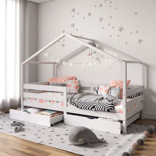 IDIMEX Kinderbett ENA, Kinderbett Hausform 90x190 cm aus Massivholz mit Rausfallschutz Weiß