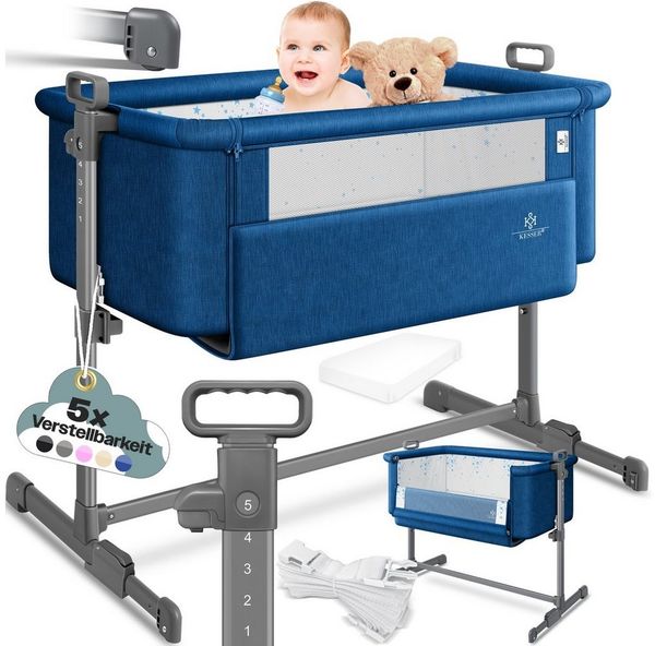 KESSER® Zustellbett Hubi 3in1 Baby Beistellbett Reisebett Babybett mit weich Matratze, mit Rollen Kinderbett, 5-fach Höhenverstellung, Faltbare Seitenwand für zu Hause und unterwegs Blau