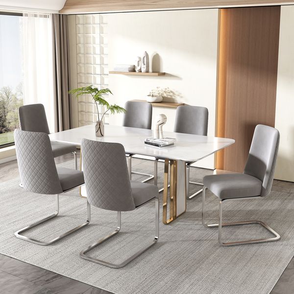 2er-Set Grau Samt Esszimmerstühle mit rautenförmiger Rückenlehne, gepolsterter Sitzfläche und stabilen Metallbeinen für Esszimmer und Wohnzimmer