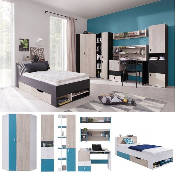 QMM TraumMöbel Jugendzimmer-Set Jugendzimmer komplett Space Set D Eckschrank Regale Bett