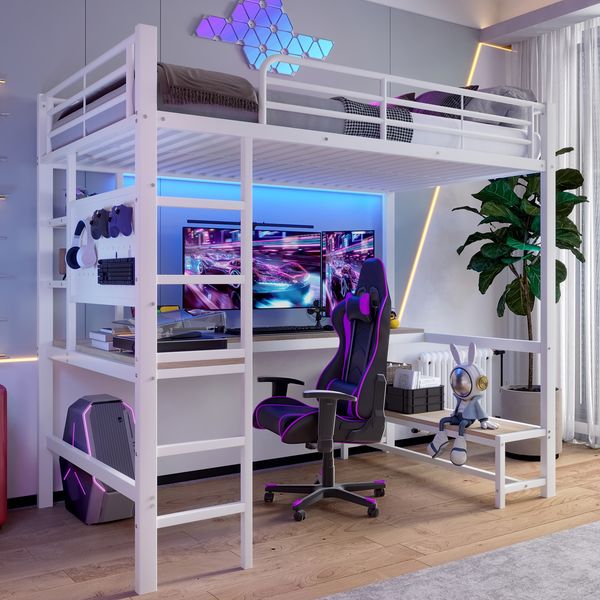 Hochbett 90x200 cm aus Metall und MDF mit LED, USB-C, Schreibtisch, Ablagen und Rausfallschutz, Weiß