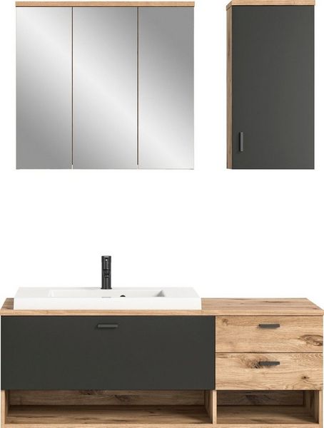 welltime Badmöbel-Set Dolo, 3 teilig, inklusive Mineralguss-Waschbecken, bestehend aus:, (Set, 3-St), Waschtisch inkl. Waschbecken, Hängeschrank, Spiegelschrank