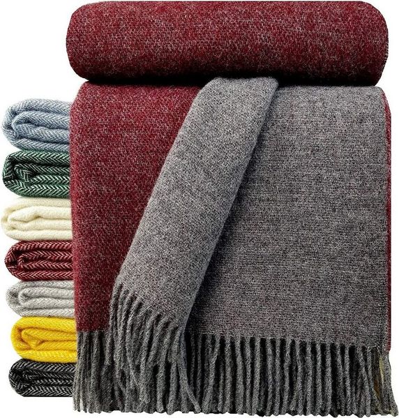 STTS International Wolldecke 100% Schurwolle Wohndecke in versch. Farben 140x200 cm Tagesdecke Schurwolldecke Woll-Plaid Tirol (Grau-Rot (Double face), 140x200 cm)