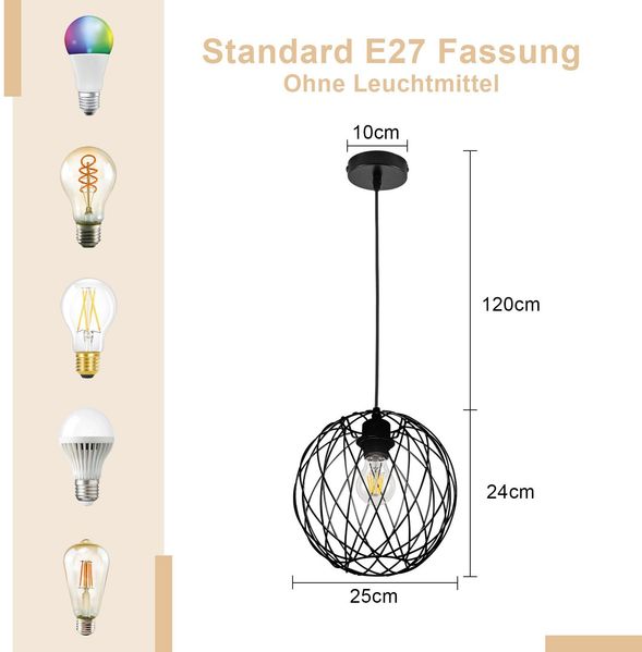 ZMH Pendellampe Schwarz Hängelampe Rund - Pendelleuchte Vintage E27 Hängeleuchte Retro Industrie Esstischlampe Küchenlampe Wohnzimmer Treppenhaus Flur Ohne Leuchtmittel Bild 2