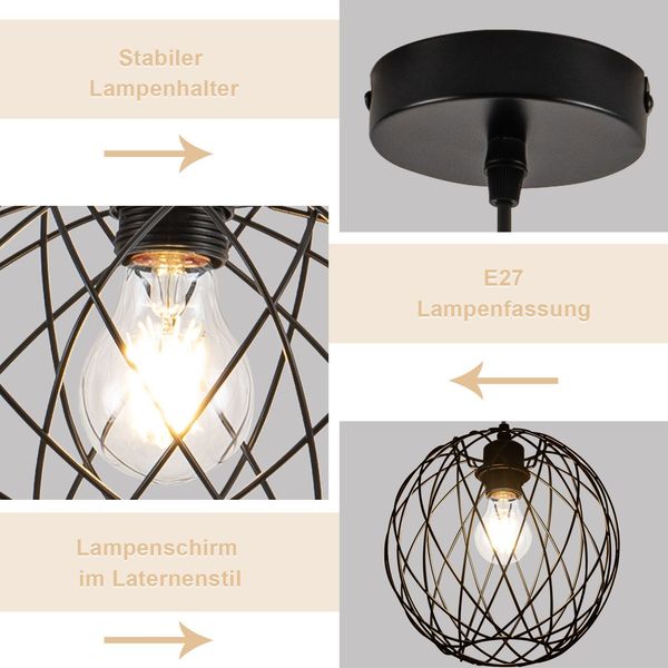 ZMH Pendellampe Schwarz Hängelampe Rund - Pendelleuchte Vintage E27 Hängeleuchte Retro Industrie Esstischlampe Küchenlampe Wohnzimmer Treppenhaus Flur Ohne Leuchtmittel Bild 4