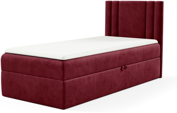 MEBLINI Kinderbett mit Bettkasten CARDI 90x200 Rechts – H3/Rot Samt Gepolstert Einzelbett mit Matratze - Polsterbett mit Stauraum - Bett mit Kopfteil – Stauraumbett