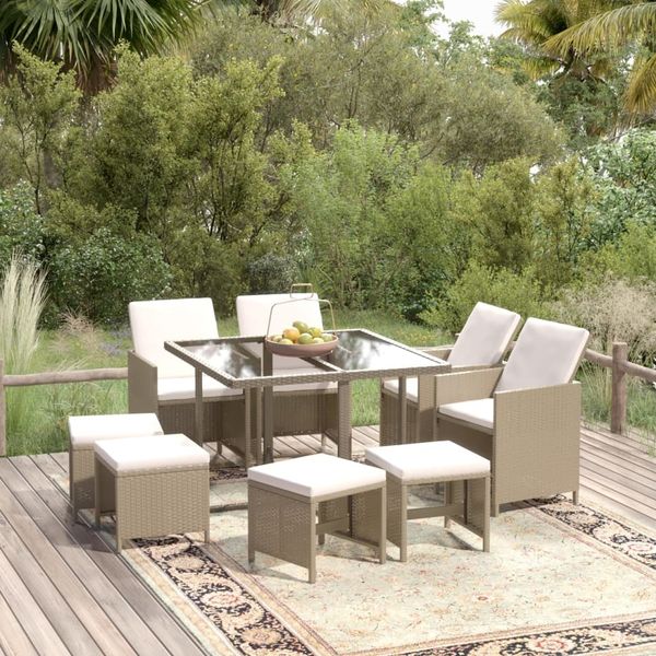 vidaXL 9-tlg. Garten-Essgruppe mit Kissen Poly Rattan Beige 3095517