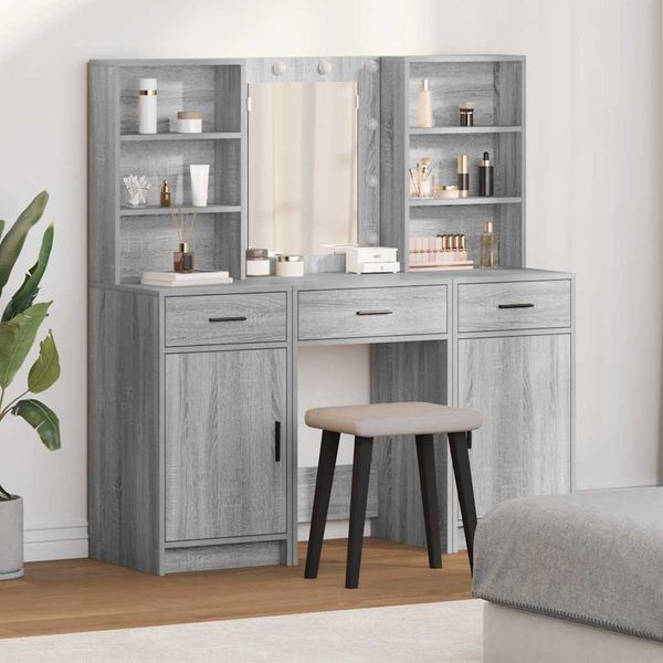 Schminktisch-Set, Kosmetiktisch mit LED 3 pcs Graues Sonoma Holzwerkstoff
