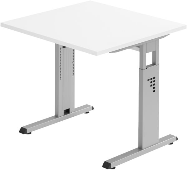 bümö höhenverstellbarer Schreibtisch O-Serie 80x80 cm in weiß, Gestell in Silber - PC Tisch klein für's Büro manuell höhenverstellbar, Computertisch verstellbar, OS-08-W-S