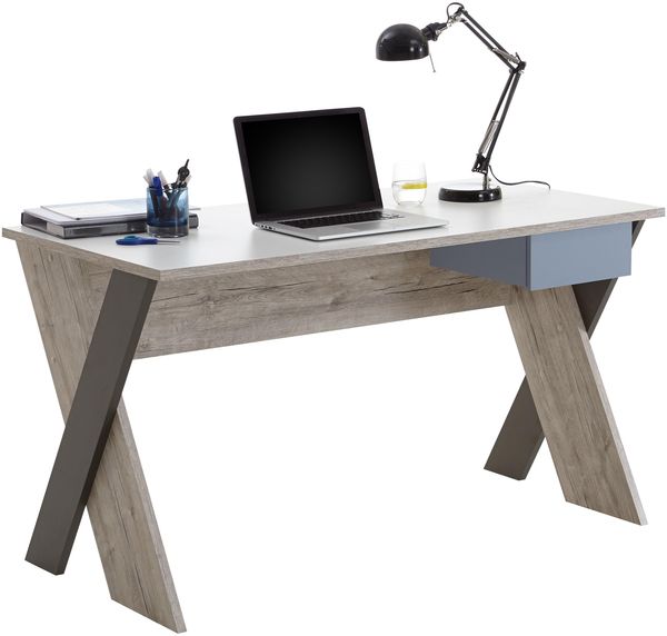 Schreibtisch >NONA 6< in Sandeiche Dekor-weiß-Lava-Denim - 135x76,4x67,5 (BxHxT)