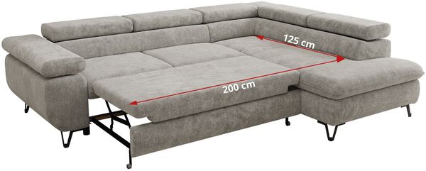 MKS Möbel 'Pablo L-Form' Ecksofa mit Schlaffunktion, verstellbare Kopfstützen, Hellgrau, Schenille grob, Visco Topper, Links Bild 7