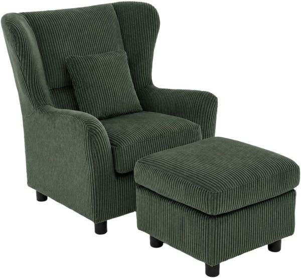 Ohrensessel mit Hocker, Taschenfederkern, Landhausstil Lesesessel, Cord in Grün