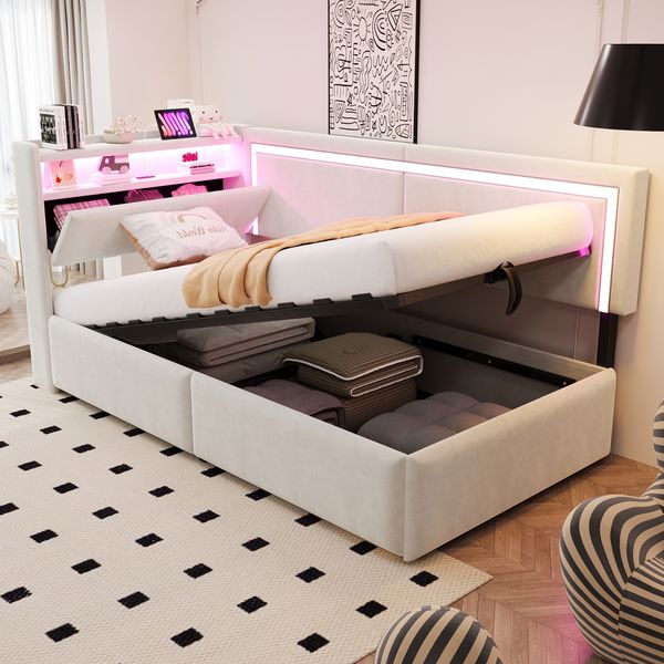 Merax Polsterbett Einzelbett Schlafsofa 90x200 cm Mit LED-Beleuchtung und USB-Ladeanschlüssen. Kopfteil Lässt Sich Zum Verstauen öffnen. Hydraulisches Stauraumsystem unter Dem Bett, Samt Beige