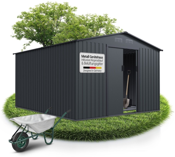 Juskys Metall Geräteschuppen XXL – Dunkelgrau, wetterfest mit Fundamentrahmen, Schiebetür & abschließbar - für Garten & Aufbewahrung