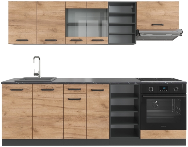 Küchenzeile R-Line Goldkraft Eiche/Anthrazit 240 cm , AP Anthrazit Vicco