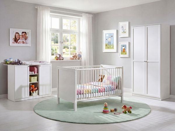 Babyzimmer-Set Kinderzimmer Babybett Wickelkommode Kleiderschrank 90 cm in Weiß