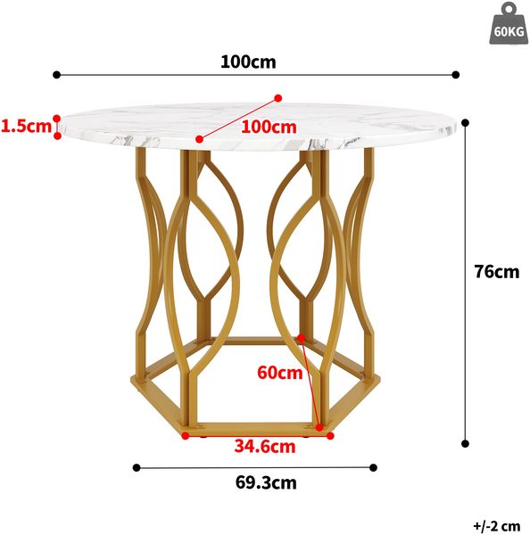 Runder Esstisch, Küchentisch für 4 Personen mit Metallbeinen und marmorierter MDF-Tischplatte, geeignet für Esszimmer und Wohnzimmer, MDF+Metall, Weiß+Gold, 100×100×76 cm Bild 3