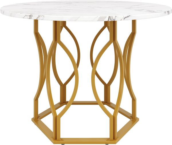 Runder Esstisch, Küchentisch für 4 Personen mit Metallbeinen und marmorierter MDF-Tischplatte, geeignet für Esszimmer und Wohnzimmer, MDF+Metall, Weiß+Gold, 100×100×76 cm Bild 4