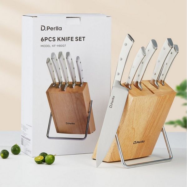 D.Perlla Messer-Set 6-teiliges Küchenmesserset mit Holzblock, silber (6-tlg)