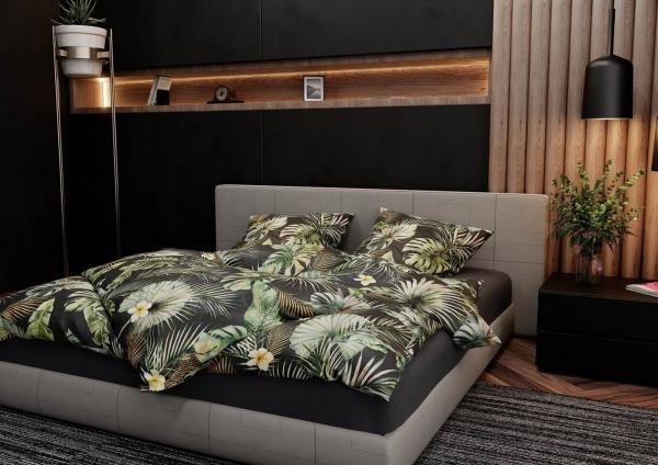 Mako Satin Bettwäsche Blätter und Palmen anthrazit Garnitur 135x200 + 80x80