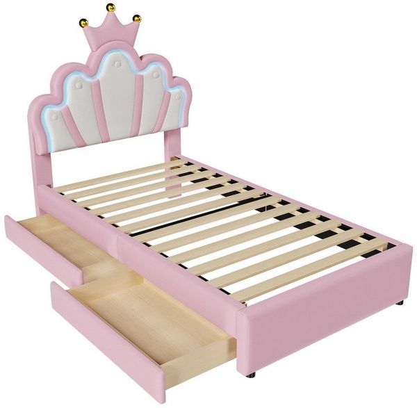 BlingBin Prinzessinbett Kinderbett Einzelbett (1-tlg, mit LED-Beleuchtung (16 Farben, Fernbedienung), 2 Schubladen), verstellbarem Kopfteil, aus pflegeleichtem PU & MDF
