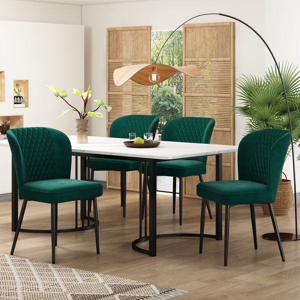 Esszimmer-Set 5-tlg Esstisch 140x80 cm Weiße MDF Platte Mit 4 Samt Stühlen Rautenmuster Metallbeine