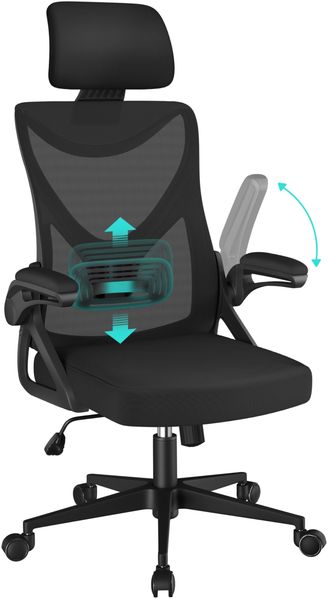 Yaheetech Bürostuhl Ergonomisch, Schreibtischstuhl mit Hochklappbaren Armlehnen, Drehstuhl mit Rückenlehne und Verstellbarer Kopfstütze, Chefsessel Wippfunktion, bis 136 kg Belastbar Schwarz