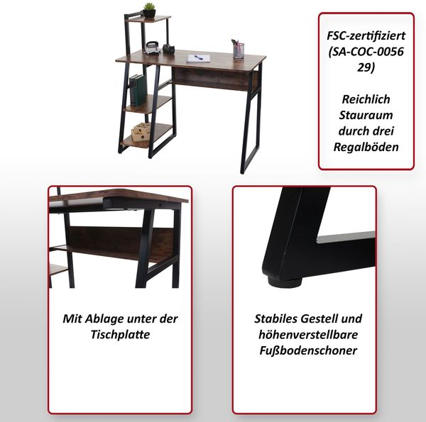 Schreibtisch mit Regal HWC-K68, Laptoptisch Bürotisch Arbeitstisch, MVG-zertifiziert 100x50cm, Metall MDF ~ braun Bild 2