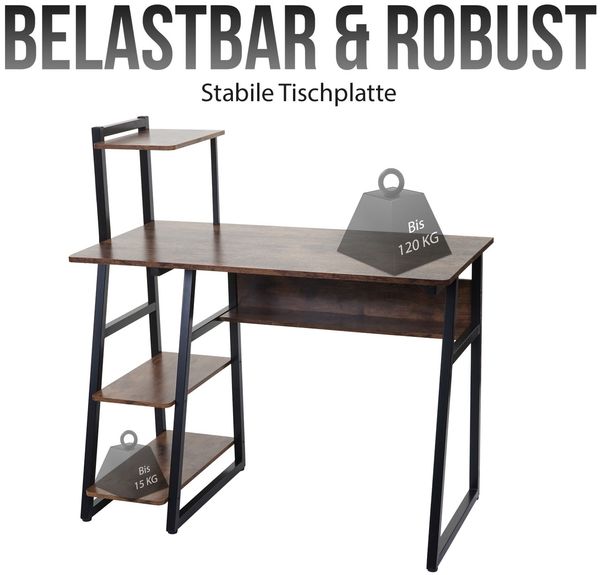 Schreibtisch mit Regal HWC-K68, Laptoptisch Bürotisch Arbeitstisch, MVG-zertifiziert 100x50cm, Metall MDF ~ braun Bild 3