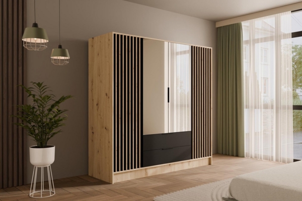 ALTDECOR Drehtürenschrank NELIA (Kleiderschrank Garderobenschrank mit viel Stauraum, Moderner Schrank) Vielseitiger Drehtürenschrank mit Spiegeltüren Spiegel Lamellen