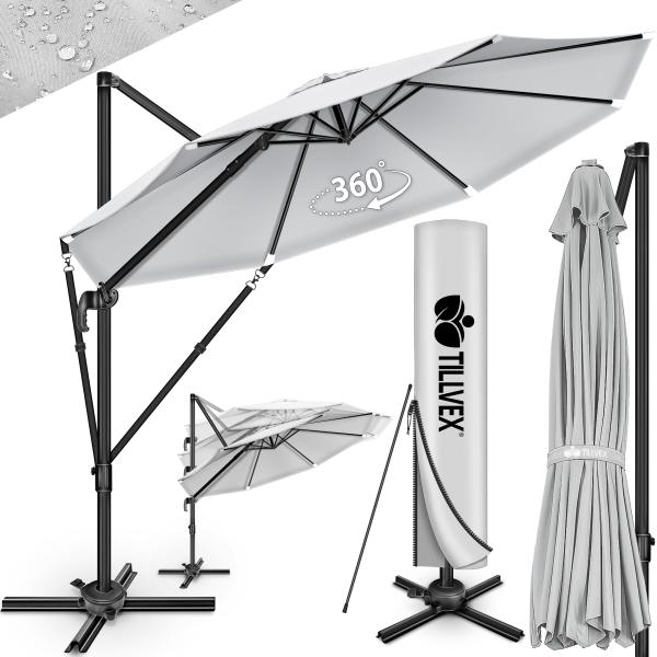 tillvex® Sonnenschirm verstellbar mit Kurbel, 360° drehbar, Polyester / Aluminium grau, Ø 300 cm