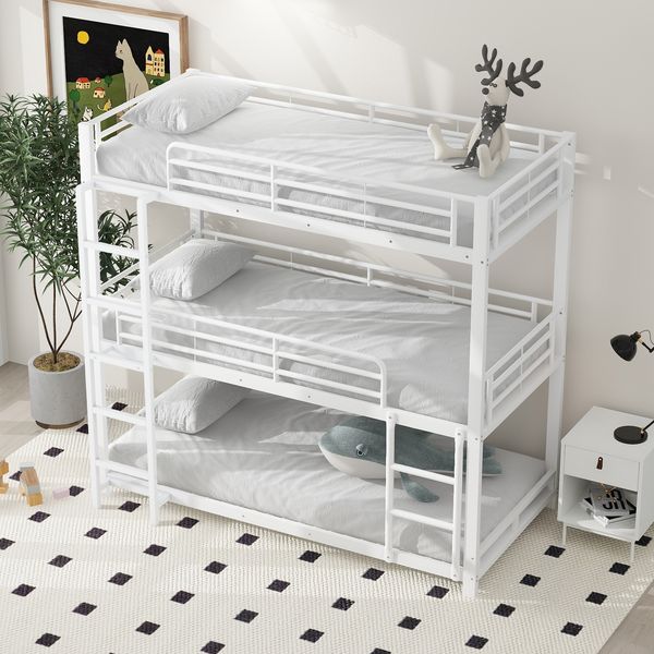 Etagenbett Liegefläche 90x200 cm aus Metall in Weiß mit Leiter, Geländern und platzsparendem Design