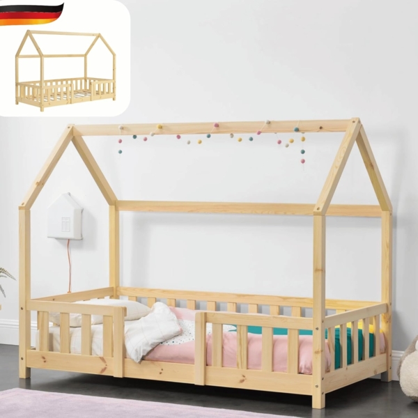 DELUKE® Kinderbett 70x140 cm LULO - Inkl. Lattenrost Rausfallschutz Einzelbett Hausbett Kinderzimmer Bodenbett Kinder Bett Klein Montessori Bett Braun